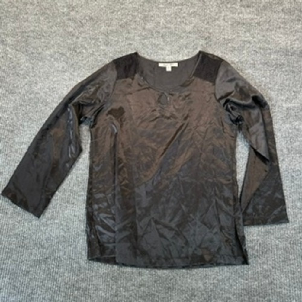 Morgan Taylor Women Satin Lace Trim Top Medium Black Keyhole Neck Blouse